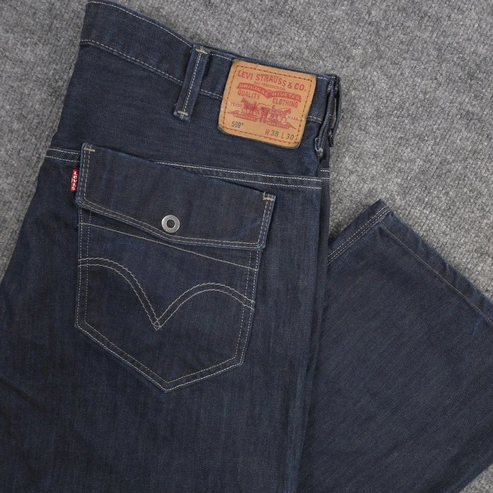 Levis 569 Jeans Mens 38X27* Blue Loose Straight Flap Pockets Dark Wash‎ Denim